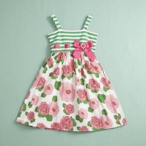 Youngland Girls Pink Rose Floral Stripe Sundress Belted Sleeveless Summer Dress